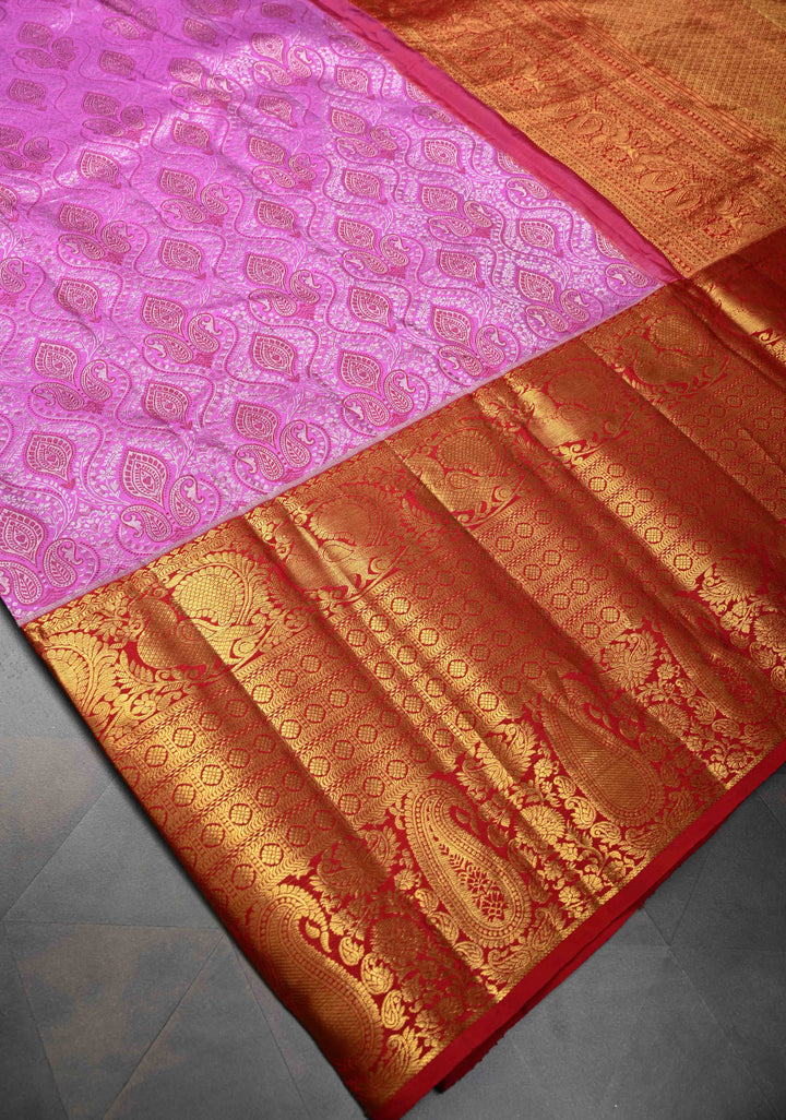 Dark Lilac Kanjivaram Silk saree with Meenakari Floral Brocade And Contract Zari border | SILK MARK CERTIFIED