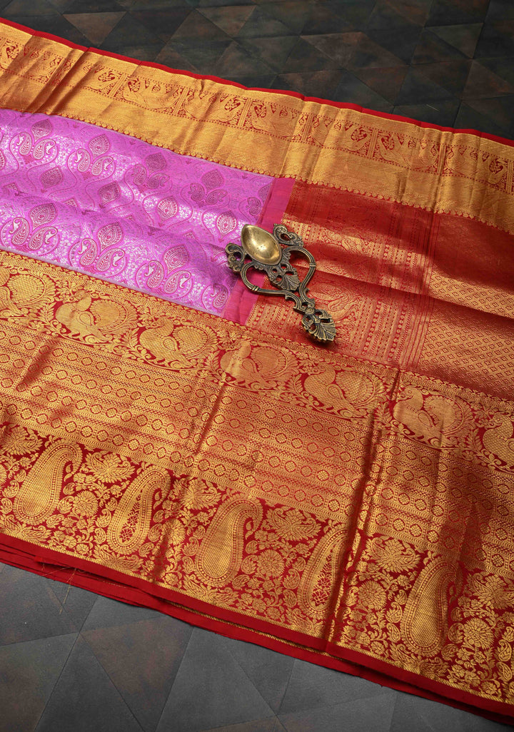 Dark Lilac Kanjivaram Silk saree with Meenakari Floral Brocade And Contract Zari border | SILK MARK CERTIFIED