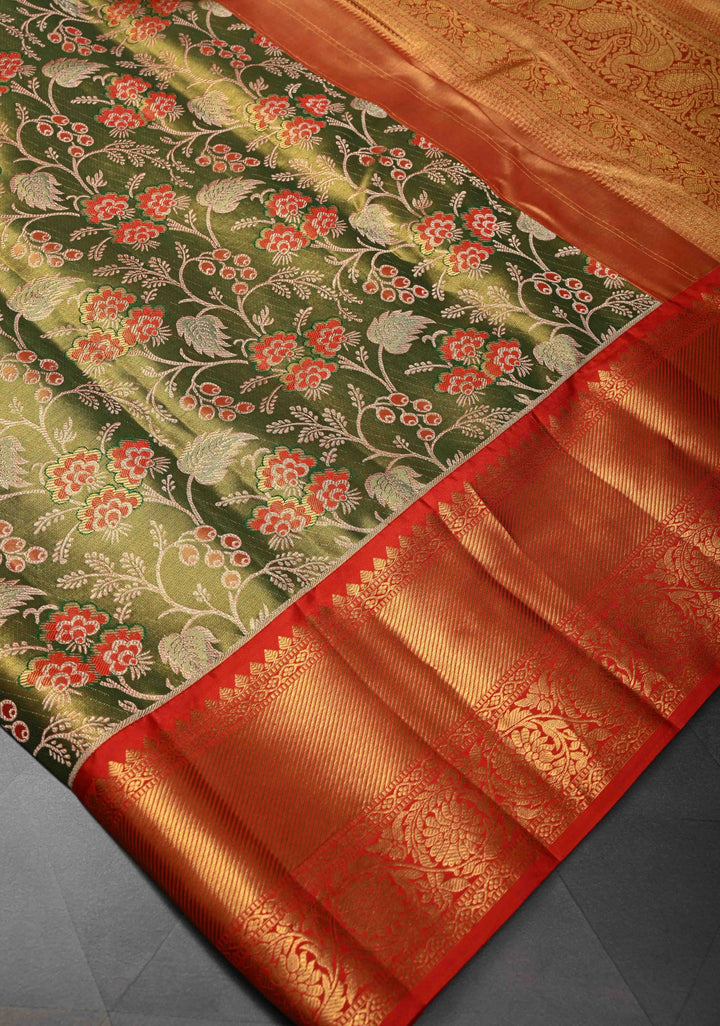 Green Dual Tone Tissue Kanjivaram Silk Saree with Meenakari Floral Design and Contrast Zari Border | SILK MARK CERTIFIED