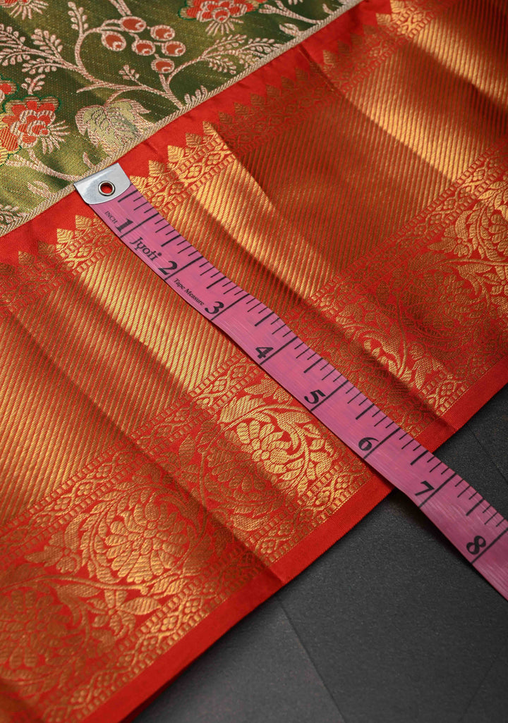 Green Dual Tone Tissue Kanjivaram Silk Saree with Meenakari Floral Design and Contrast Zari Border | SILK MARK CERTIFIED