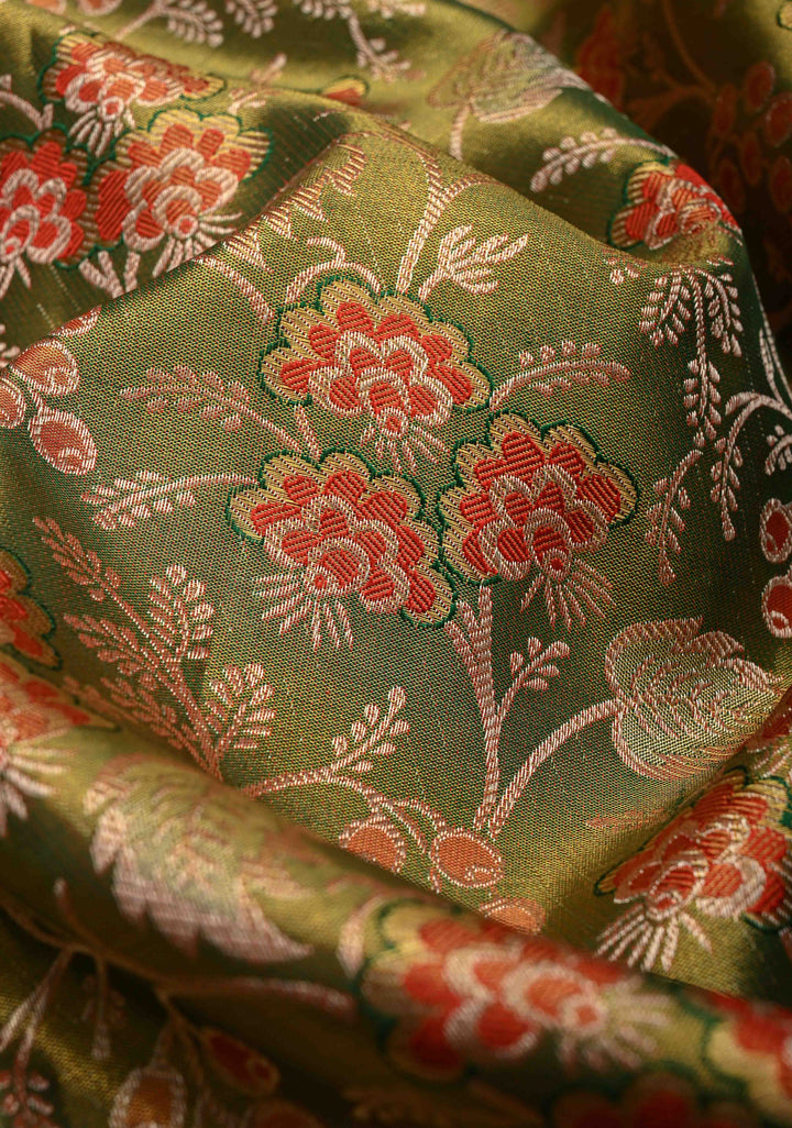 Green Dual Tone Tissue Kanjivaram Silk Saree with Meenakari Floral Design and Contrast Zari Border | SILK MARK CERTIFIED