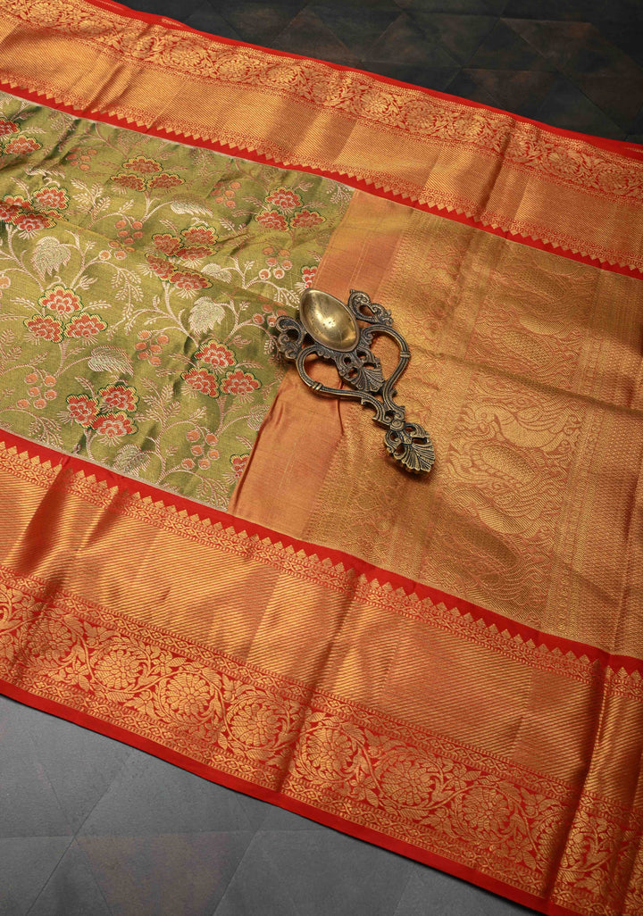 Green Dual Tone Tissue Kanjivaram Silk Saree with Meenakari Floral Design and Contrast Zari Border | SILK MARK CERTIFIED