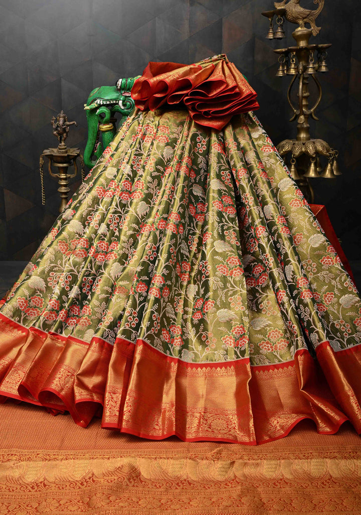 Green Dual Tone Tissue Kanjivaram Silk Saree with Meenakari Floral Design and Contrast Zari Border | SILK MARK CERTIFIED