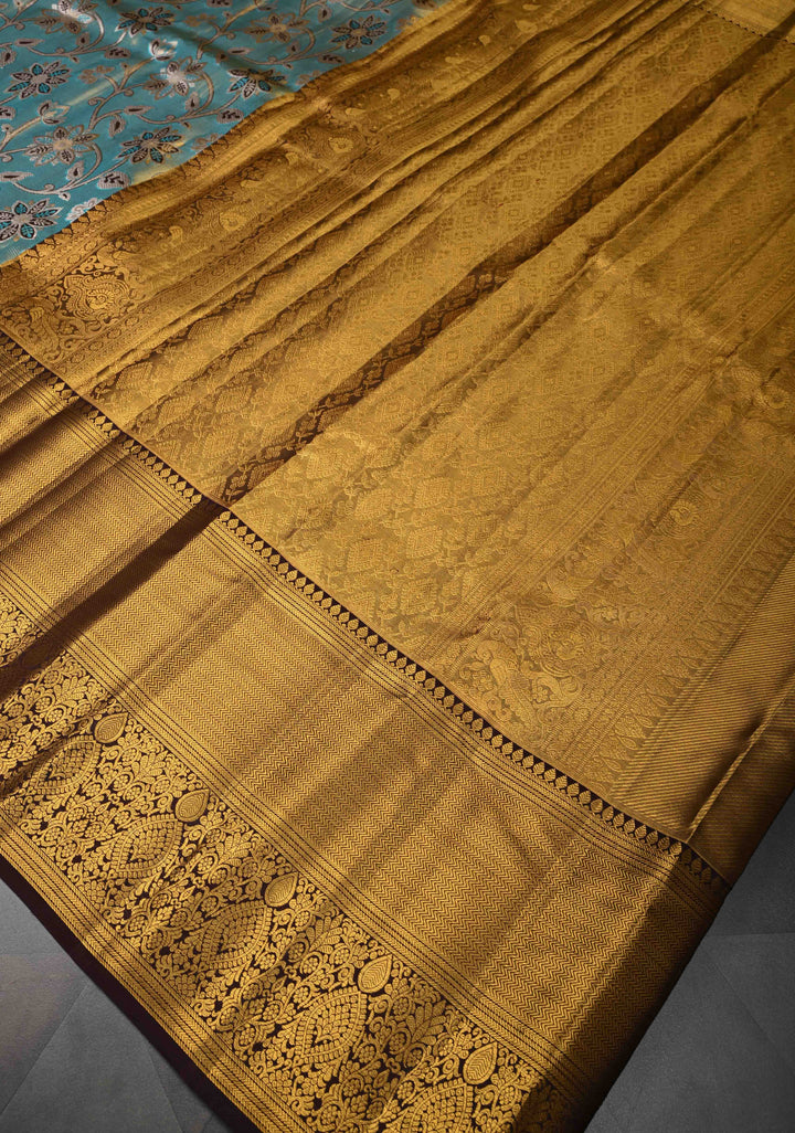 Green Dual Tone Tissue Kanjivaram Silk Saree with Meenakari Floral Design and Contrast Zari Border | SILK MARK CERTIFIED