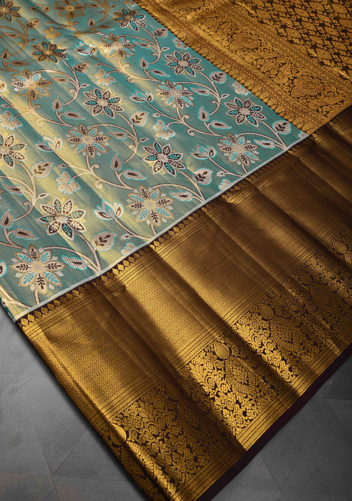 Green Dual Tone Tissue Kanjivaram Silk Saree with Meenakari Floral Design and Contrast Zari Border | SILK MARK CERTIFIED