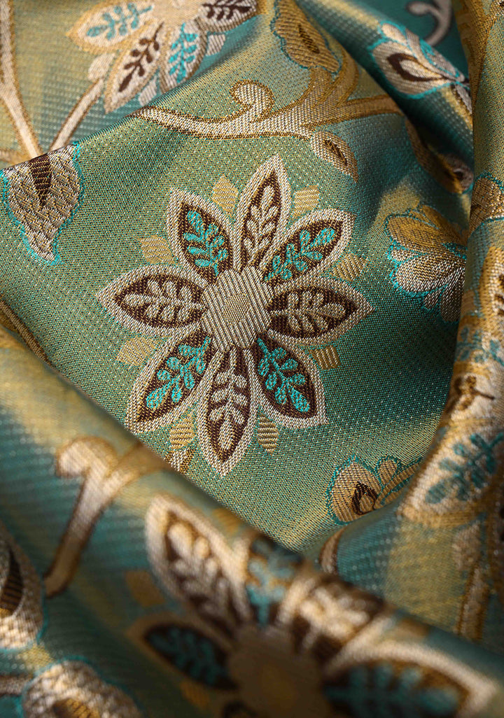 Green Dual Tone Tissue Kanjivaram Silk Saree with Meenakari Floral Design and Contrast Zari Border | SILK MARK CERTIFIED