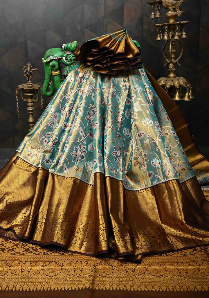 Green Dual Tone Tissue Kanjivaram Silk Saree with Meenakari Floral Design and Contrast Zari Border | SILK MARK CERTIFIED