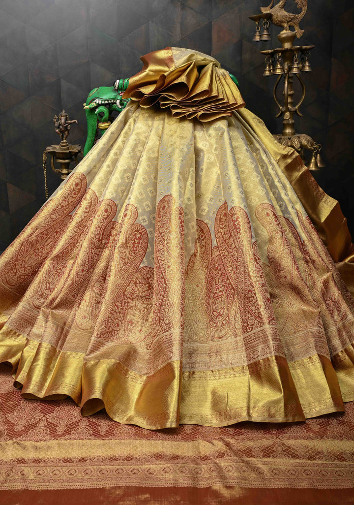 Golden Brocade Tissue Kanjivaram Pure Silk Saree With Zari Border | SILK MARK CERTIFIED