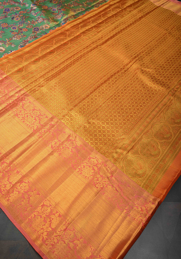 Green Tissue Kanjivaram Silk Saree with Meenakari Floral Jaal and Contrast Wide Zari Border | SILK MARK CERTIFIED
