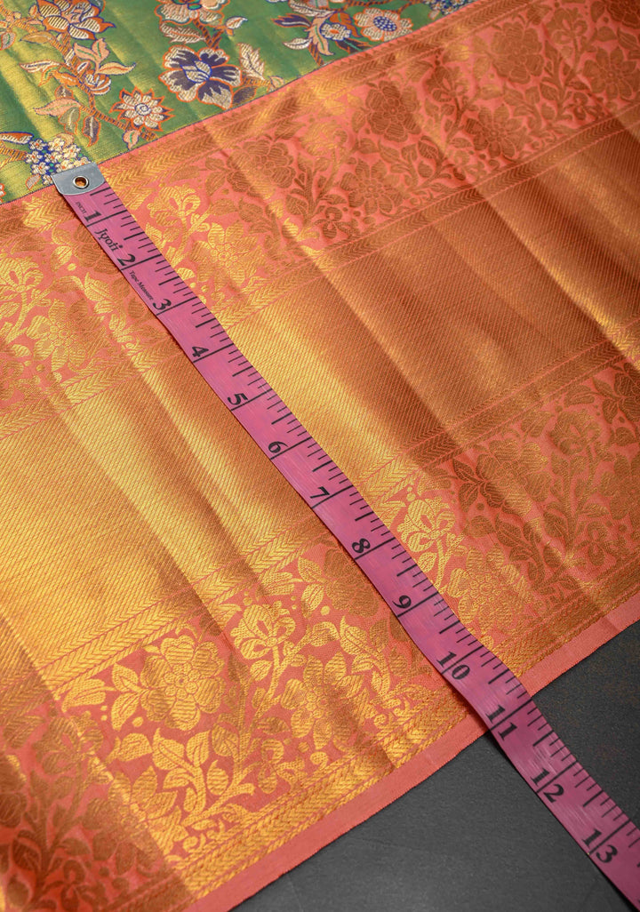 Green Tissue Kanjivaram Silk Saree with Meenakari Floral Jaal and Contrast Wide Zari Border | SILK MARK CERTIFIED