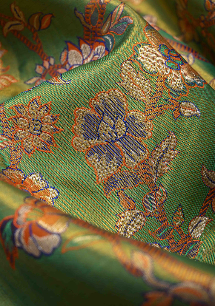 Green Tissue Kanjivaram Silk Saree with Meenakari Floral Jaal and Contrast Wide Zari Border | SILK MARK CERTIFIED