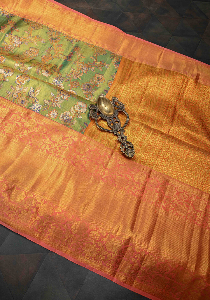Green Tissue Kanjivaram Silk Saree with Meenakari Floral Jaal and Contrast Wide Zari Border | SILK MARK CERTIFIED