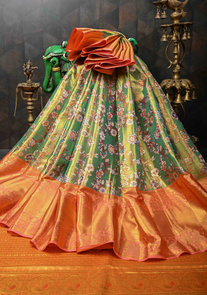 Green Tissue Kanjivaram Silk Saree with Meenakari Floral Jaal and Contrast Wide Zari Border | SILK MARK CERTIFIED