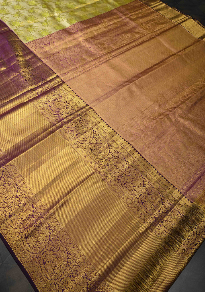 Moss Green Tissue Kanjivaram Silk Saree with Meenakari Floral Brocade and Contrast Zari Skirt Border | SILK MARK CERTIFIED