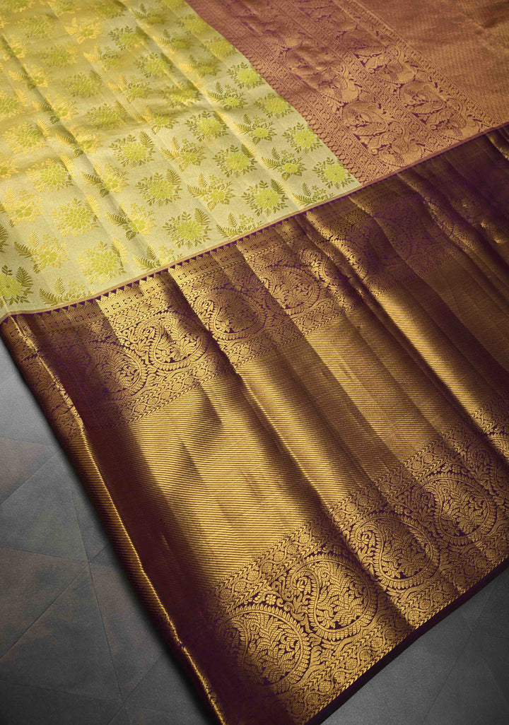 Moss Green Tissue Kanjivaram Silk Saree with Meenakari Floral Brocade and Contrast Zari Skirt Border | SILK MARK CERTIFIED