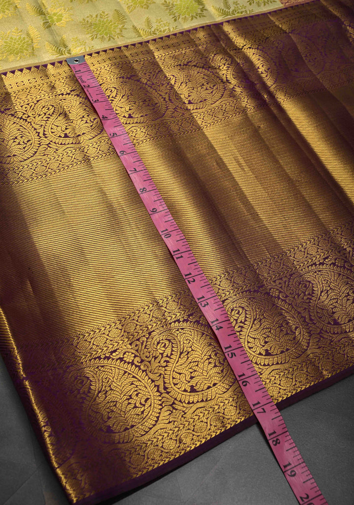 Moss Green Tissue Kanjivaram Silk Saree with Meenakari Floral Brocade and Contrast Zari Skirt Border | SILK MARK CERTIFIED