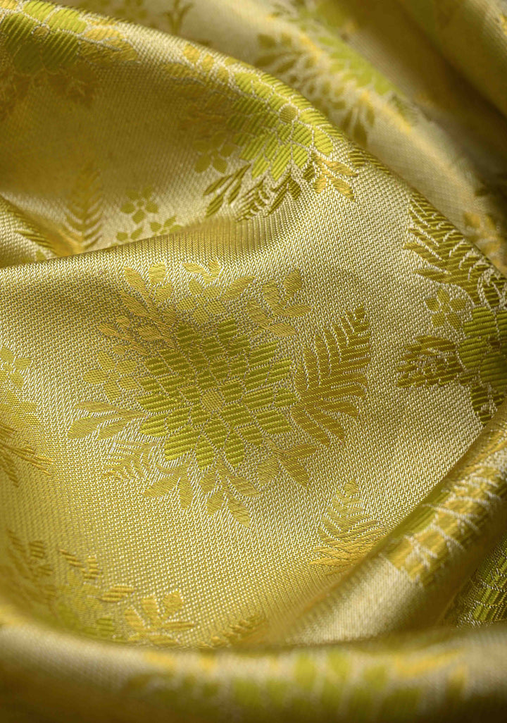 Moss Green Tissue Kanjivaram Silk Saree with Meenakari Floral Brocade and Contrast Zari Skirt Border | SILK MARK CERTIFIED