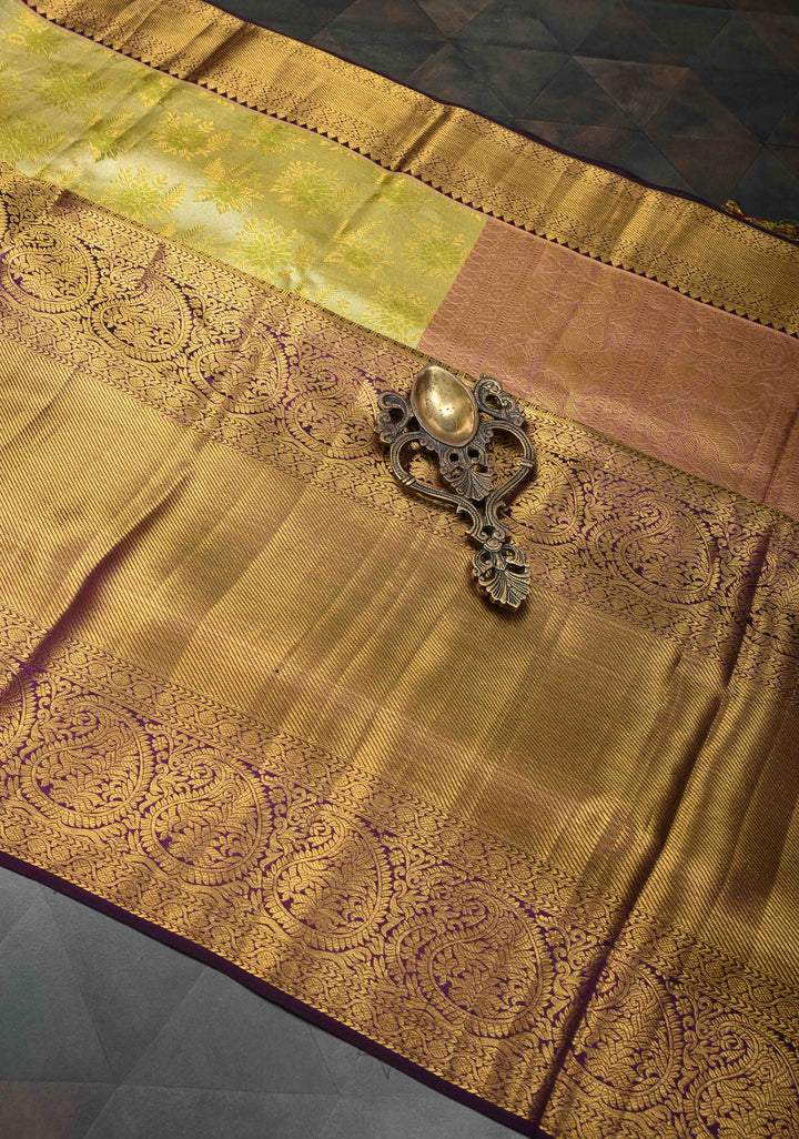 Moss Green Tissue Kanjivaram Silk Saree with Meenakari Floral Brocade and Contrast Zari Skirt Border | SILK MARK CERTIFIED