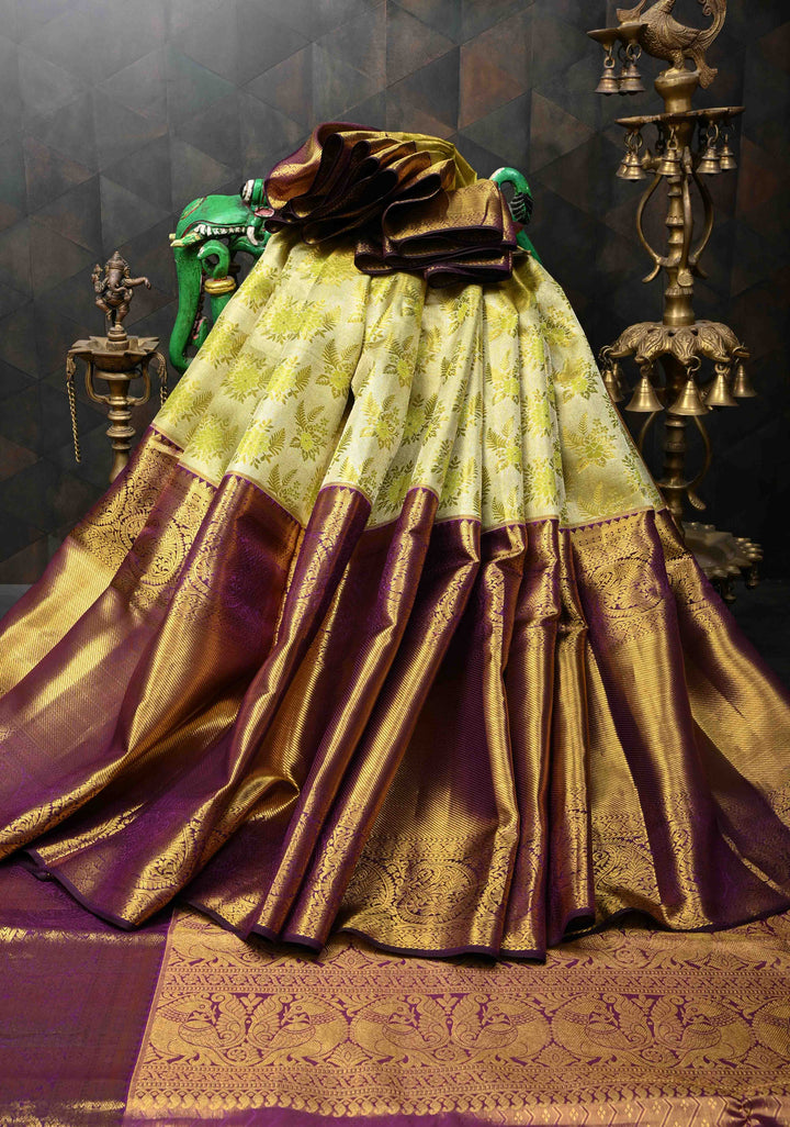 Moss Green Tissue Kanjivaram Silk Saree with Meenakari Floral Brocade and Contrast Zari Skirt Border | SILK MARK CERTIFIED