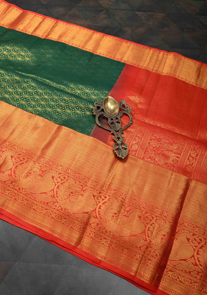 Dark Green Kanjivaram Silk Saree with Brocade and Contrast Zari  Border | SILK MARK CERTIFIED