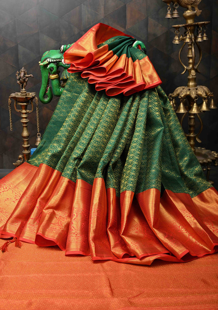 Dark Green Kanjivaram Silk Saree with Brocade and Contrast Zari  Border | SILK MARK CERTIFIED