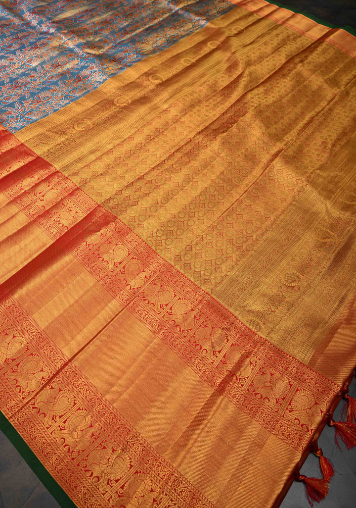 Blue Tissue Kanjivaram Silk Saree with Meenakari Stripes Jaal and Contrast Wide Zari Border | SILK MARK CERTIFIED