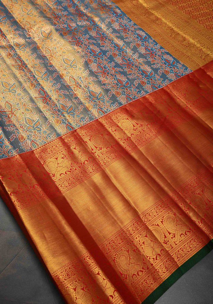 Blue Tissue Kanjivaram Silk Saree with Meenakari Stripes Jaal and Contrast Wide Zari Border | SILK MARK CERTIFIED