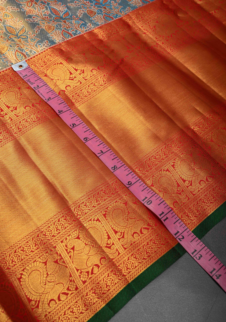 Blue Tissue Kanjivaram Silk Saree with Meenakari Stripes Jaal and Contrast Wide Zari Border | SILK MARK CERTIFIED