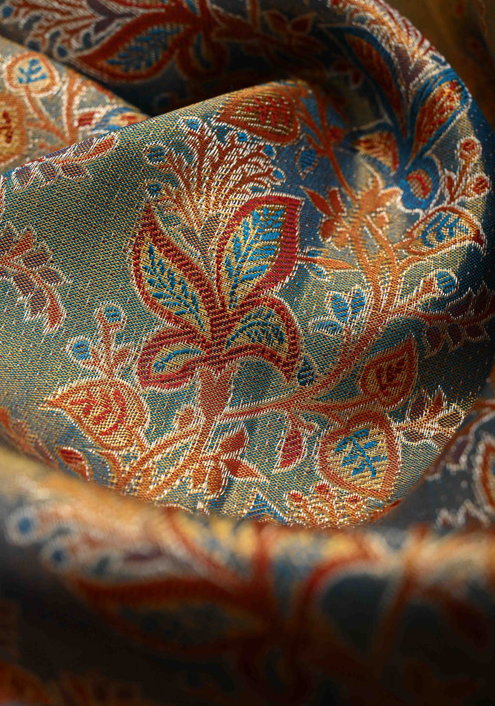 Blue Tissue Kanjivaram Silk Saree with Meenakari Stripes Jaal and Contrast Wide Zari Border | SILK MARK CERTIFIED