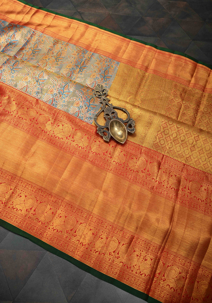 Blue Tissue Kanjivaram Silk Saree with Meenakari Stripes Jaal and Contrast Wide Zari Border | SILK MARK CERTIFIED