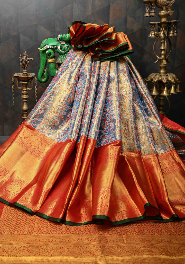 Blue Tissue Kanjivaram Silk Saree with Meenakari Stripes Jaal and Contrast Wide Zari Border | SILK MARK CERTIFIED