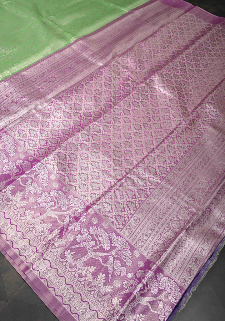 Dark Pista Green Semi Silk Tissue Kanjivaram Saree with Brocade Jaal and Contrast Meenakari Parrot Zari Border