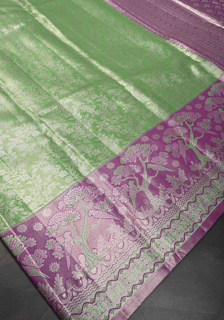 Dark Pista Green Semi Silk Tissue Kanjivaram Saree with Brocade Jaal and Contrast Meenakari Parrot Zari Border