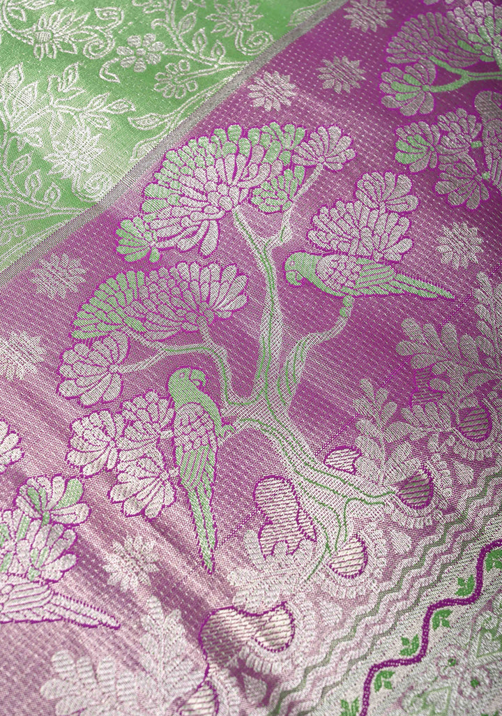 Dark Pista Green Semi Silk Tissue Kanjivaram Saree with Brocade Jaal and Contrast Meenakari Parrot Zari Border