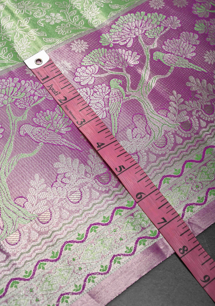 Dark Pista Green Semi Silk Tissue Kanjivaram Saree with Brocade Jaal and Contrast Meenakari Parrot Zari Border