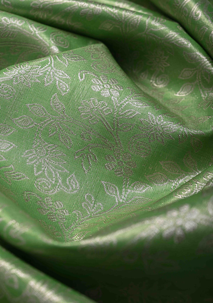 Dark Pista Green Semi Silk Tissue Kanjivaram Saree with Brocade Jaal and Contrast Meenakari Parrot Zari Border