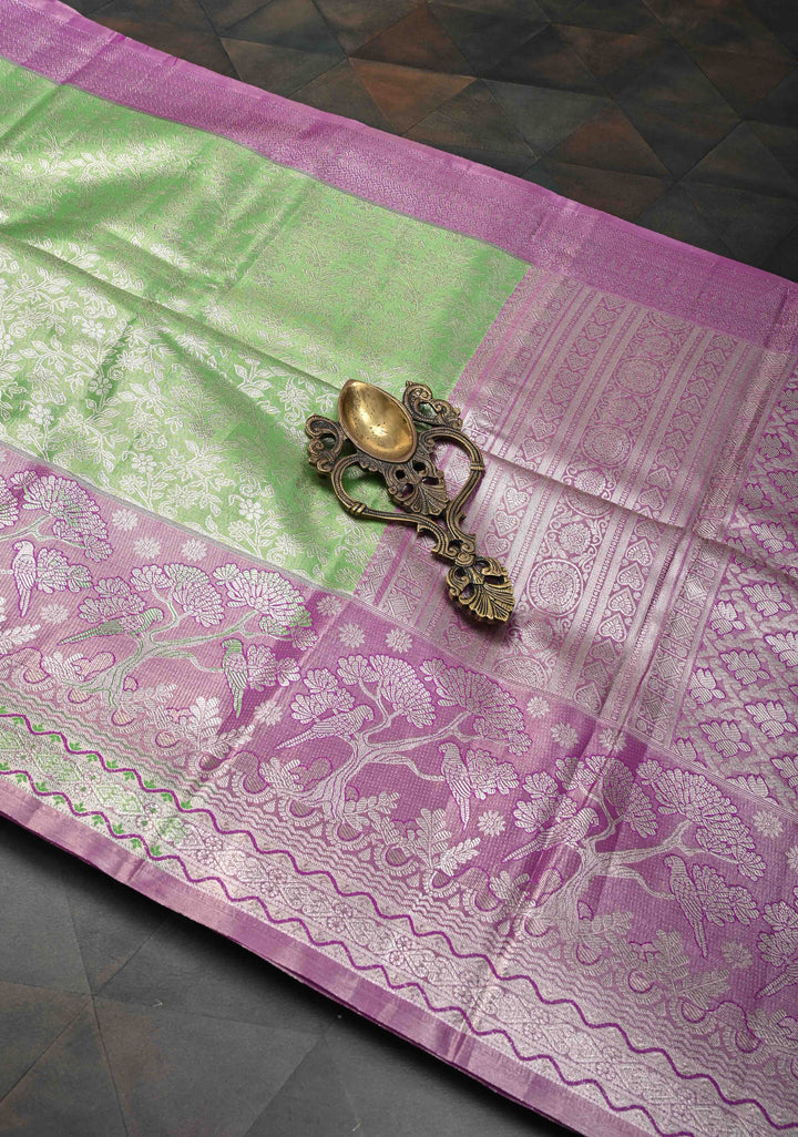 Dark Pista Green Semi Silk Tissue Kanjivaram Saree with Brocade Jaal and Contrast Meenakari Parrot Zari Border
