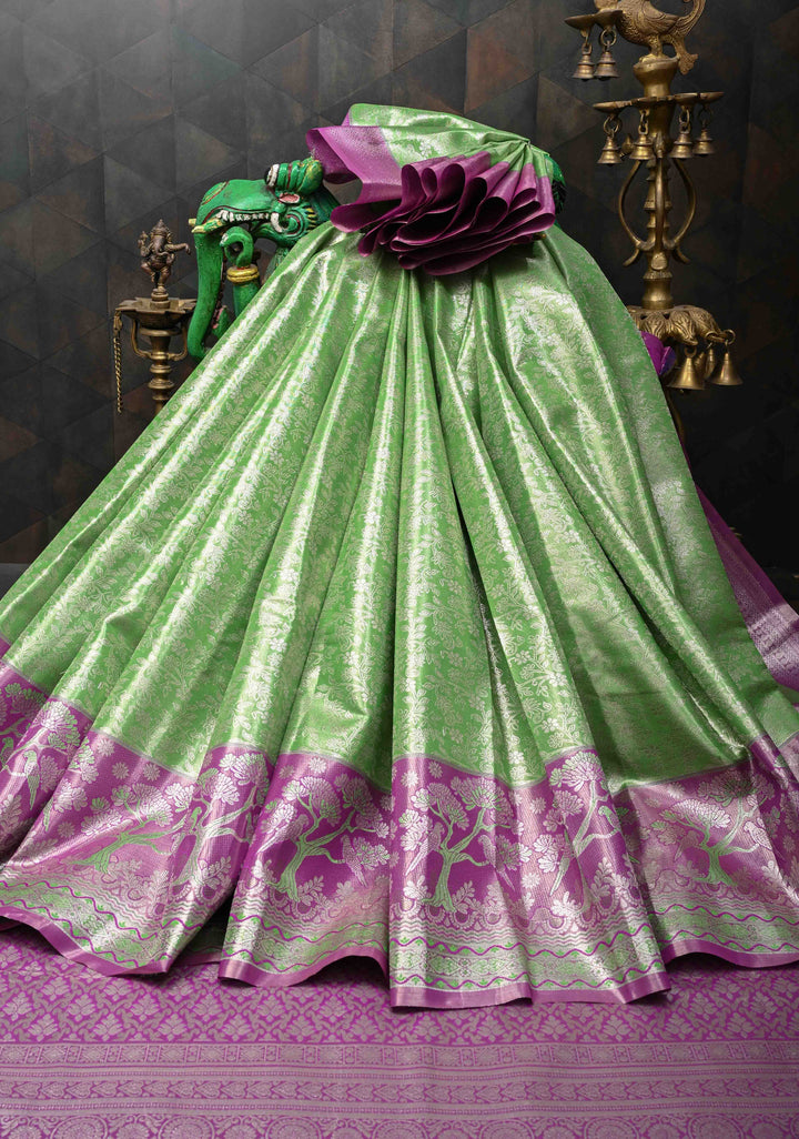 Dark Pista Green Semi Silk Tissue Kanjivaram Saree with Brocade Jaal and Contrast Meenakari Parrot Zari Border