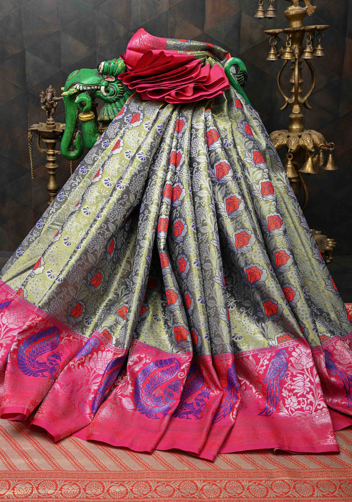 Blue-Gold Semi Silk Tissue Kanjivaram Saree with Meenakari Jaal and Contrast Birds Zari Border