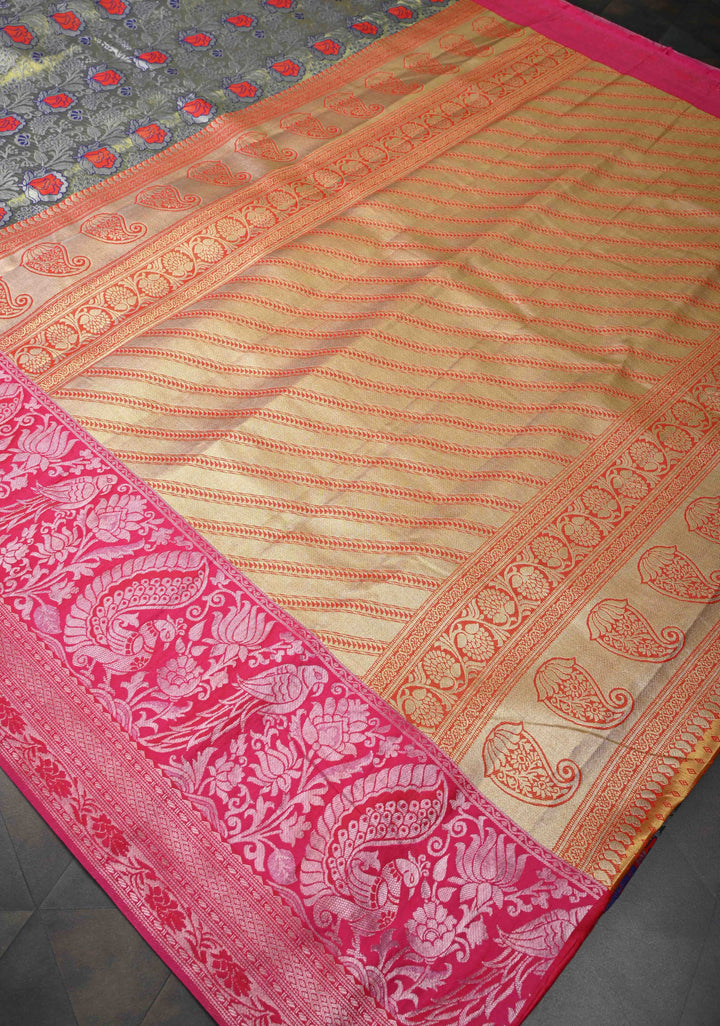 Blue-Gold Semi Silk Tissue Kanjivaram Saree with Meenakari Jaal and Contrast Birds Zari Border