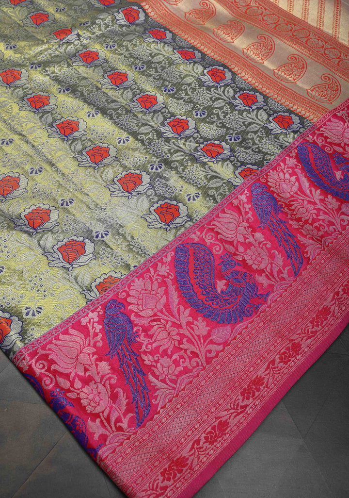 Blue-Gold Semi Silk Tissue Kanjivaram Saree with Meenakari Jaal and Contrast Birds Zari Border