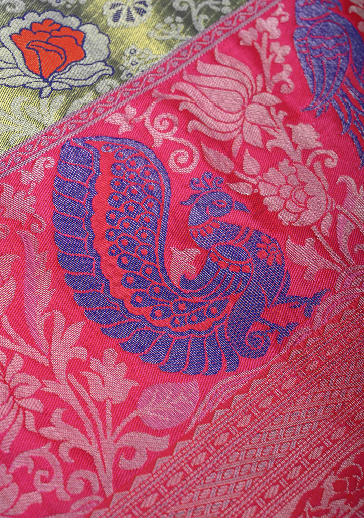 Blue-Gold Semi Silk Tissue Kanjivaram Saree with Meenakari Jaal and Contrast Birds Zari Border