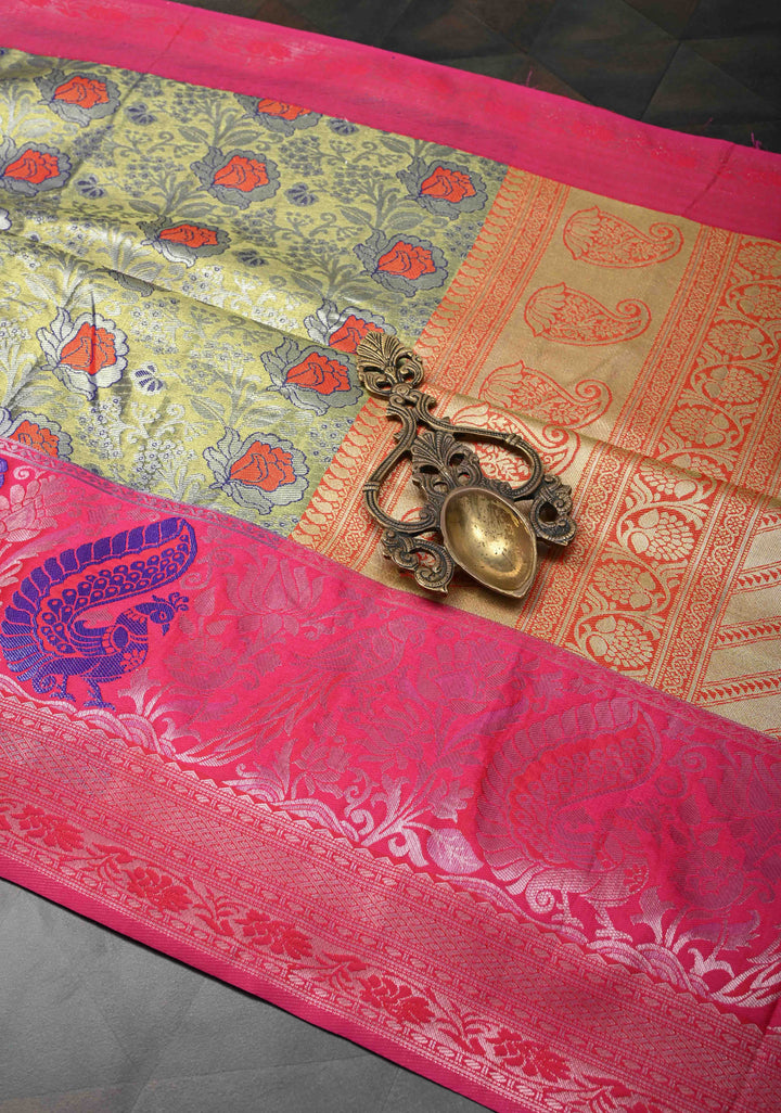 Blue-Gold Semi Silk Tissue Kanjivaram Saree with Meenakari Jaal and Contrast Birds Zari Border