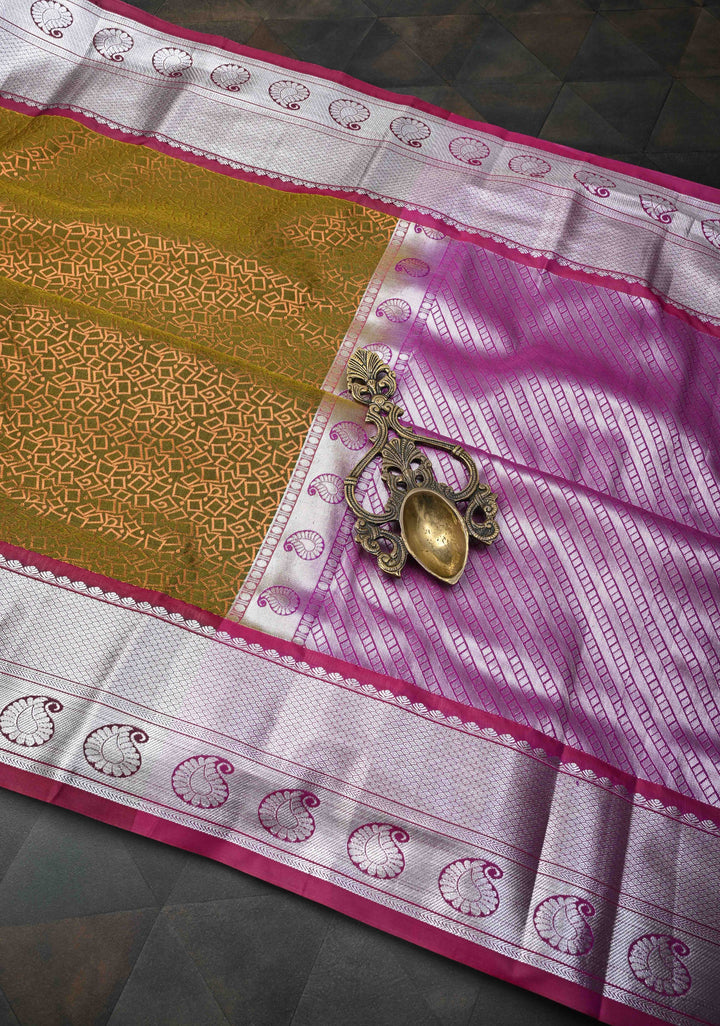Olive Green Geometric Brocade  Kanjivaram Semi Silk Saree with Zari Border