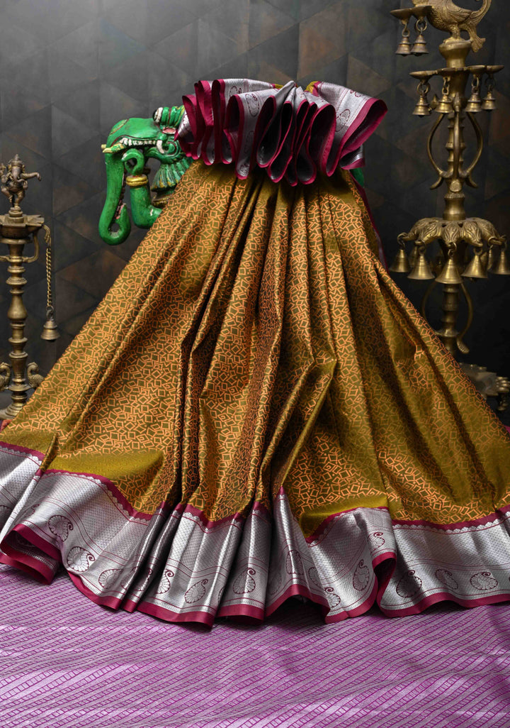 Olive Green Geometric Brocade  Kanjivaram Semi Silk Saree with Zari Border