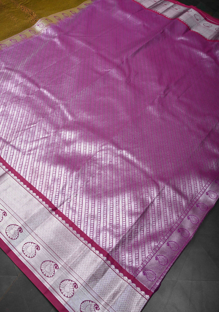 Olive Green Geometric Brocade  Kanjivaram Semi Silk Saree with Zari Border