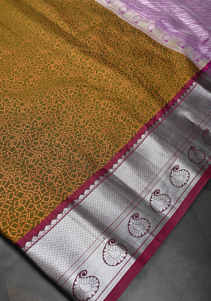 Olive Green Geometric Brocade  Kanjivaram Semi Silk Saree with Zari Border