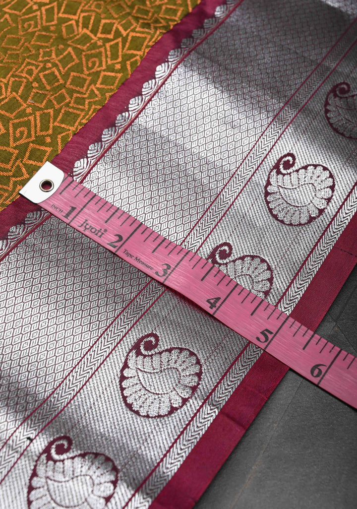 Olive Green Geometric Brocade  Kanjivaram Semi Silk Saree with Zari Border