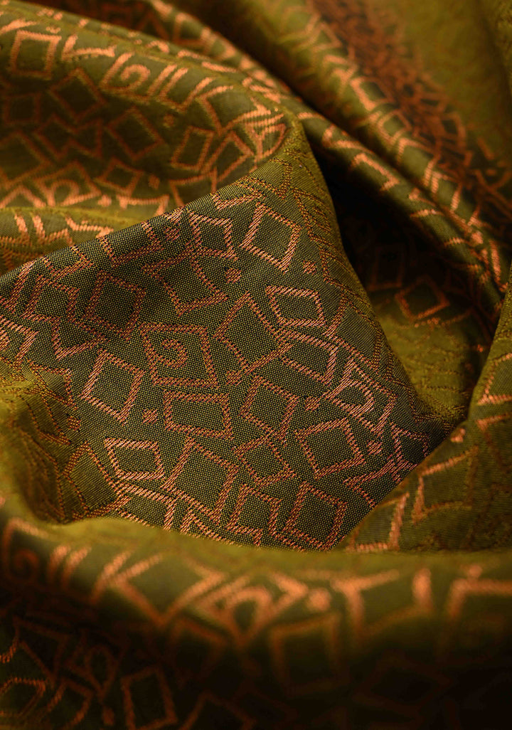 Olive Green Geometric Brocade  Kanjivaram Semi Silk Saree with Zari Border