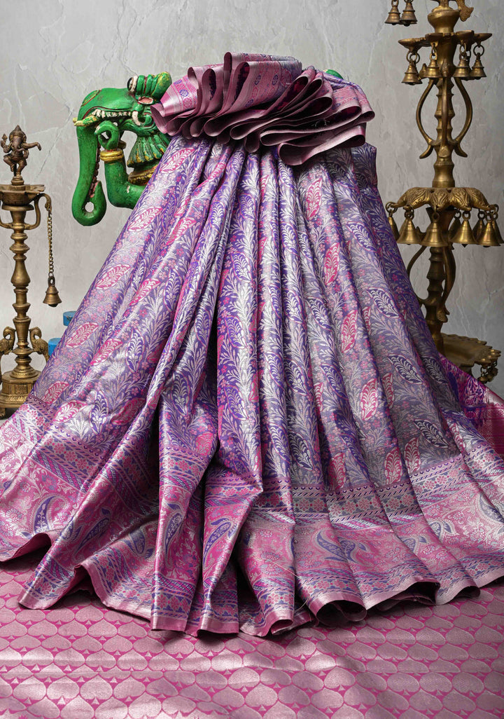 Ink Purple Kanjivaram Tissue Semi Silk Saree with Meenakari Floral Brocade and Paisley Zari Border